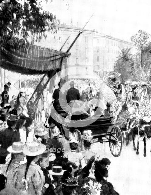 The Queen in the Riviera: Her Majesty witnessing the Children's Battle of Flowers at Nice, 1898. Creator: Unknown.