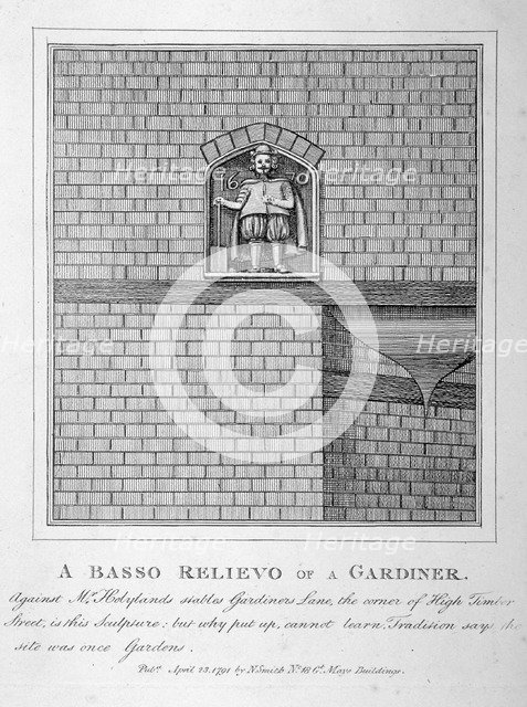 Bas relief of a gardener, Gardner's Lane, City of London, 1791. Artist: Anon