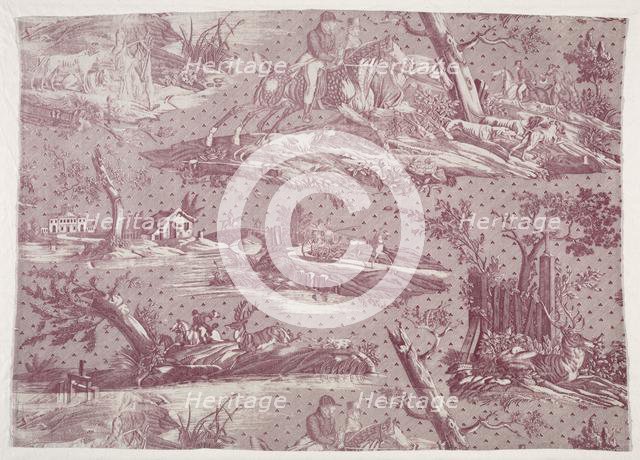 Fragment of Copperplate Printed Cotton with Hunting Scene Design, c. 1815. Creator: Horace Vernet (French, 1789-1863).
