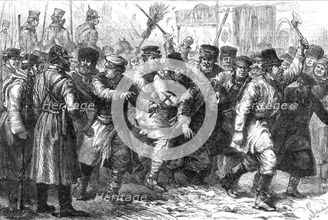 Ill-treatment of the Jews in Russia: assault on a Jew in the presence of the military at Kiev, 1881. Creator: Schombeer.