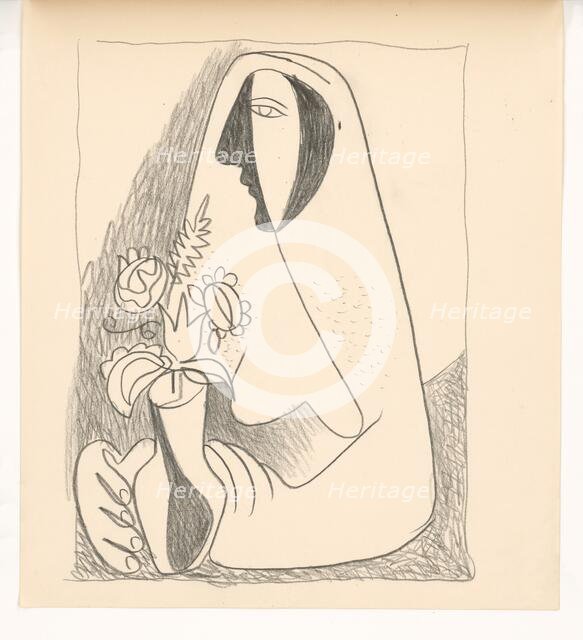 Woman with a bouquet in a vase, 1938. Creator: Mikulas Galanda.