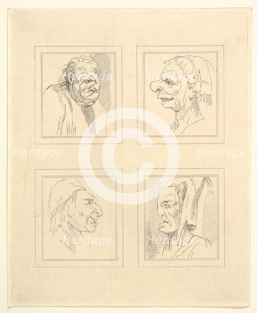 Four Heads (from Characaturas by Leonardo da Vinci, from Drawings by Wincelslaus Hollar, o..., 1786. Creator: Unknown.