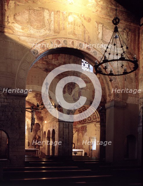 Interior of the Church of San Julián or Santullano de los Prados with painting remains, founded b…
