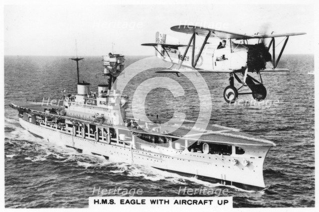The aircraft carrier HMS 'Eagle' and a Fairey Flycatcher aircraft, (1937). Artist: Unknown