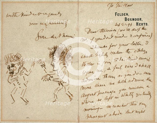 Letter with Drawing of Whistler Menacing Du Maurier, 1894. Creator: George du Maurier.
