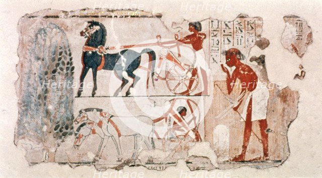 Fragment of Ancient Egyptian painted plaster depicting the account of the harvest, c1400 BC. Artist: Unknown