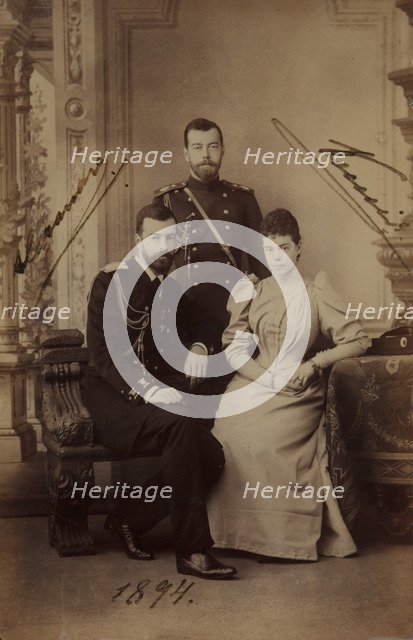 Emperor Nicholas II with Grand Duke Alexander Mikhailovich of Russia and his wife, Grand Duchess Xenia Alexandrovna of Russia, 1894.
