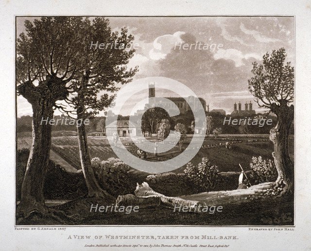 View of Westminster looking from Millbank, London, 1807. Artist: John Hall