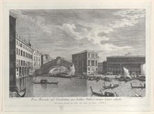 The Rialto Bridge, Venice, with boats and gondolas in the water, 1763. Creator: Giovanni Battista Brostoloni.