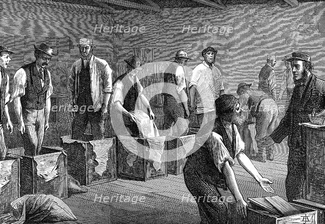 Packing tea in the warehouses of the East & West India Dock Company, London, 1874 Artist: Unknown