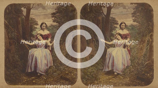 Woman pushing another woman in a swing, about 1865. Creator: London Stereoscopic & Photographic Co.