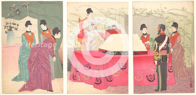 Illustration of the Empress Visiting the General Staff Headquarters [to present a tray of ..., 1895. Creator: Kobayashi Kiyochika.