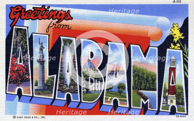 'Greetings from Alabama', postcard, 1939. Artist: Unknown