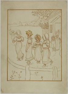 Girls Going Down a Lane, 1866-1901. Creator: Catherine Greenaway.
