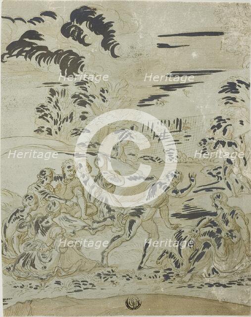 Pastoral Scene: Men Hunting Birds, Couples Seated on Ground, n.d. Creator: Unknown.