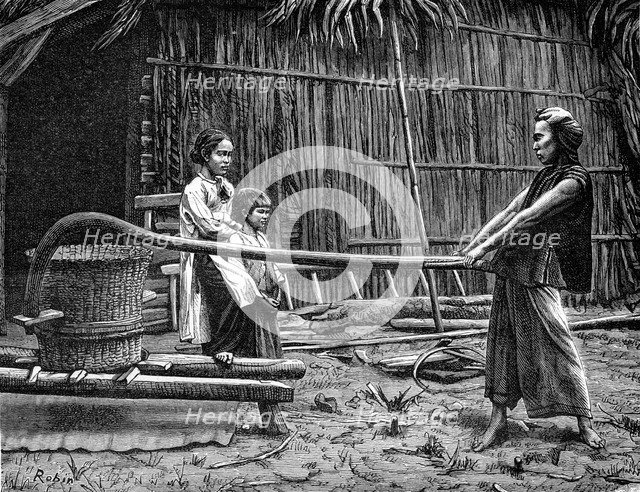 Rice mill, Indochina, 19th century. Artist: Robin