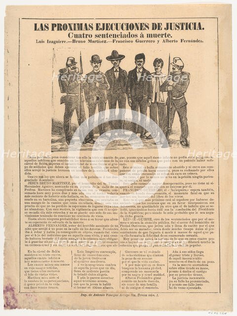 Broadsheet relating to the execution of four men in the name of justice, ca. 1890..., ca. 1890-1910. Creator: José Guadalupe Posada.