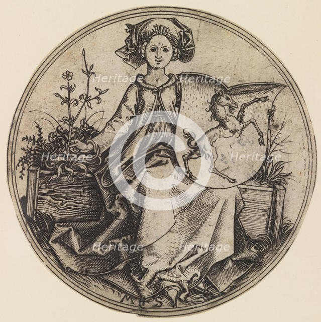 Seated Lady Holding a Shield with an Unicorn, ca. 1435-1491., ca. 1435-1491. Creator: Martin Schongauer.