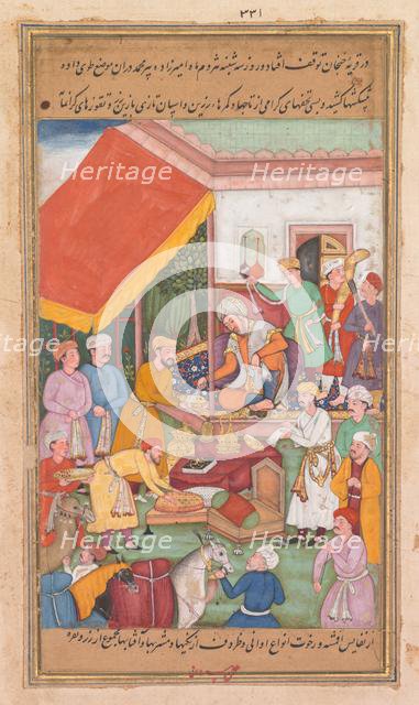 Timur distributes gifts from his grandson, the Prince of Multan, from a Zafar-nama..., 1598-1600. Creator: Shravana (Indian).
