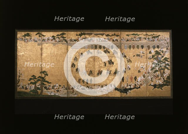 Six-fold screen depicting a military dog-chasing game, 17th century (1601 - 1700). Creator: Unknown.