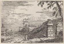Landscape with Tower and Two Ruined Pillars, c. 1735/1746. Creator: Canaletto.