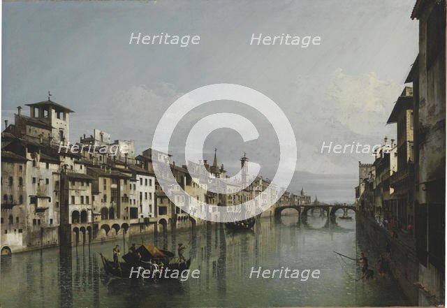 The Arno between the Ponte Vecchio and Ponte Santa Trinità, Florence, 1740. Creator: Bellotto, Bernardo (1720-1780).