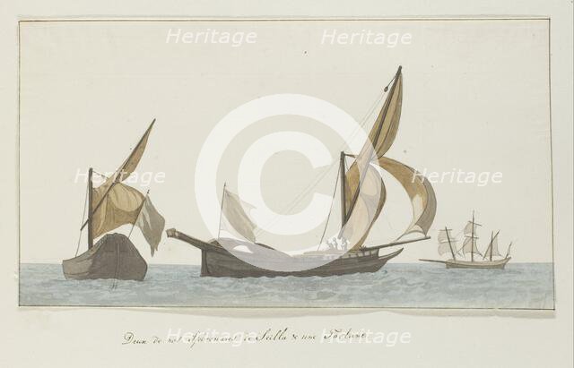 Three ships: Two speronaras from Scilla and one tartane, 1778. Creator: Louis Ducros.