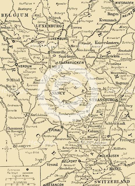 Map showing the border between France and Germany, First World War, c1915, (c1920). Creator: Unknown.