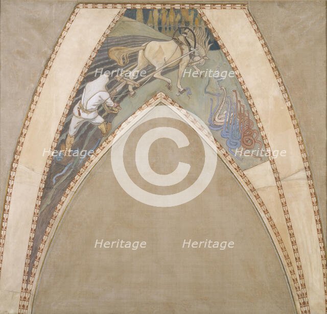 Ilmarinen Ploughing the Viper-Field, sketch for the cupola frescoes of the Finnish Pavilion..., 1899 Creator: Akseli Gallen-Kallela.