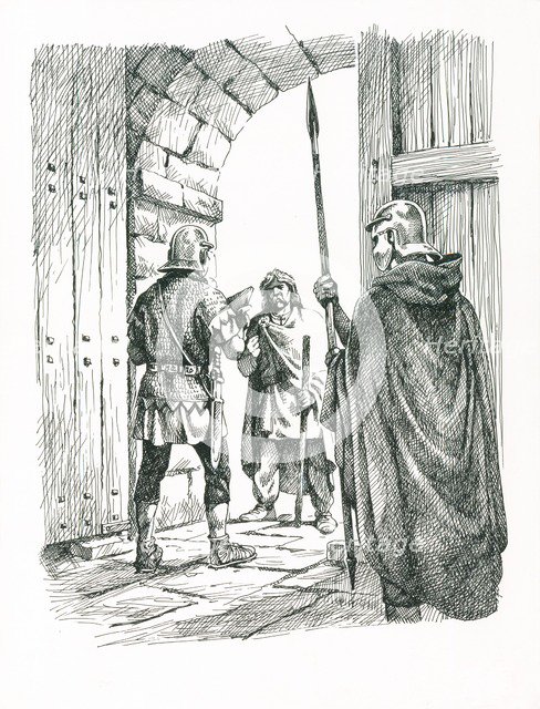 Soldiers negotiating with a man at a gateway on Hadrian's Wall, c1985-c2000. Artist: Philip Corke.