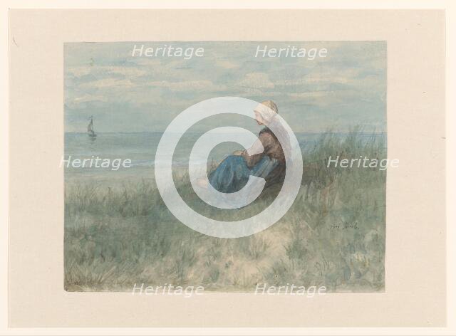 Woman sitting on the dunes watching the sea, 1834-1892. Creator: Jozef Israels.