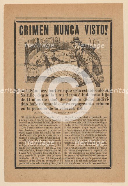 Broadsheet relating to a young girl who was beheaded while her father Tomás Sánchez le..., ca. 1902. Creator: José Guadalupe Posada.