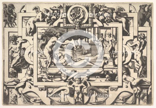 Medea Pours a Magic Potion over Jason (Le roi Aeson tant caduque et chénu en une cuve elle..., 1563. Creator: Rene Boyvin.