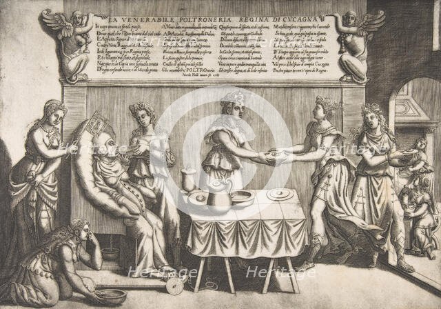 Venerable Idleness, Queen of Cockaigne; a fat woman seated on a movable toilet chair being..., 1565. Creator: Nicolo Nelli.