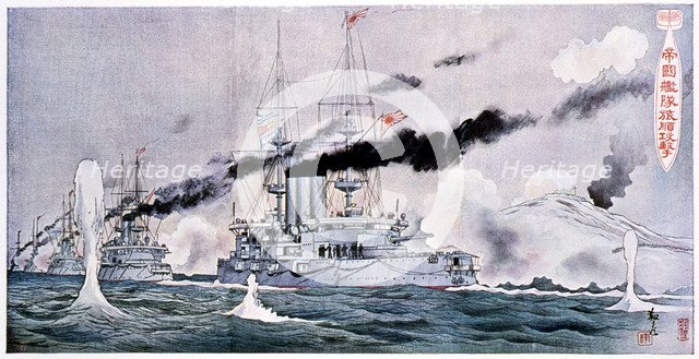 Japanese naval squadron steaming to bombard Port Arthur, Russo-Japanese War 1904-1905. Artist: Unknown