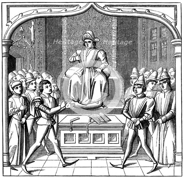 The Judicial Duel, the plaintiff opening his case before the judge, 15th century (1849). Artist: Unknown