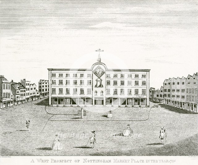 West prospect of Nottingham Market Place, Nottinghamshire, 1726. Artist: T Shore