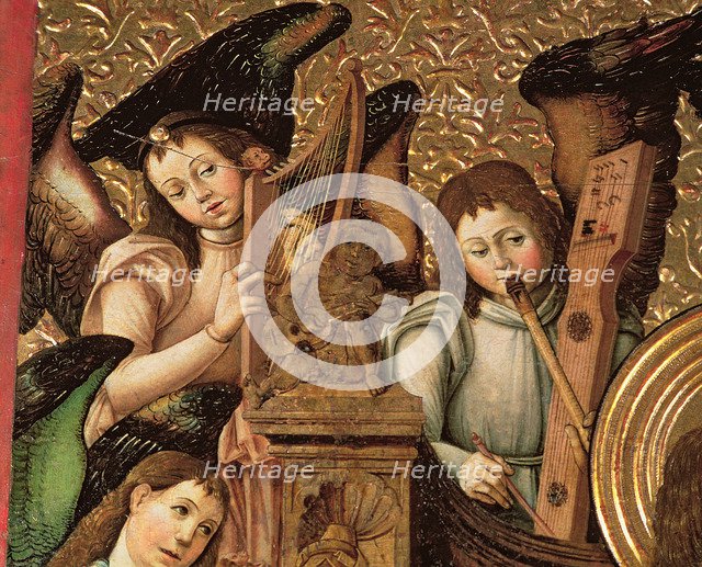 Detail of the central panel of an altarpiece dedicated to St. Vincent Martyr, angels playing harp…