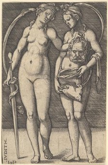 Judith standing to right and holding the head of Holofernes in her right hand and a..., ca. 1520-30. Creator: Sebald Beham.