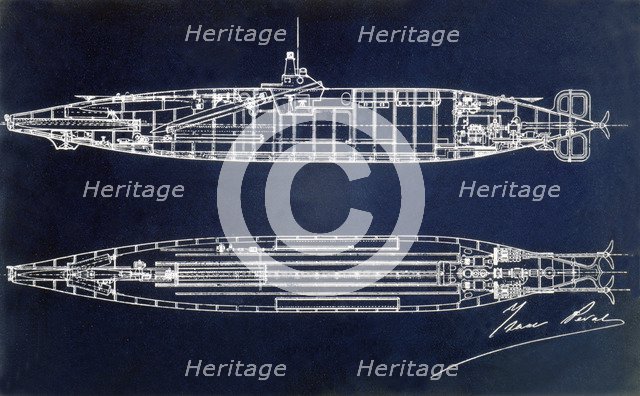 Sketch of the submarine designed by Isaac Peral Caballero (1851-1895), engraving, 1889.