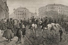 Buglers playing military reveille, Madrid, Spain, on the day of the royal wedding, 1878. Creator: Enrique Alba.
