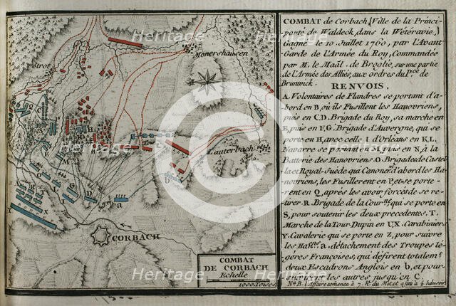 Seven Years War (1756-1763): Map of Battle of Corbach or Korbach (July 10, 1760), 1765. Creator: Jean de Beaurain.