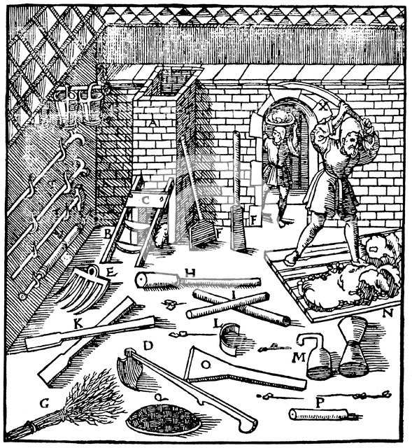 Smelting of ores (gold, silver, copper and lead), 1556. Artist: Unknown