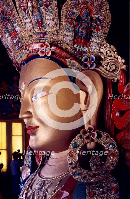 Giant gold Maitreya Buddha statue, Thiksey Monastery, Ladakh, India, 1988. Creator: Amanda Waite.