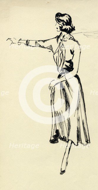 Woman in full skirt with outstretched arm, c1950. Creator: Shirley Markham.