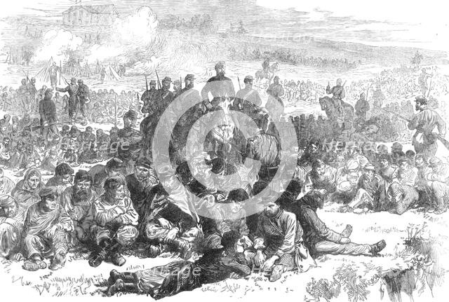 The Late Events in Paris: captive insurgents of Belleville guarded in the Parc des Buttes..., 1871. Creator: Unknown.