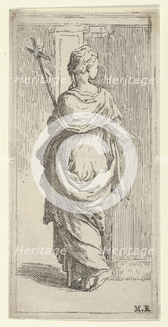 Girl carrying a crucifix and stepping toward a pilaster, seen from behind, ca. 1590-1600. Creator: Guido Reni.