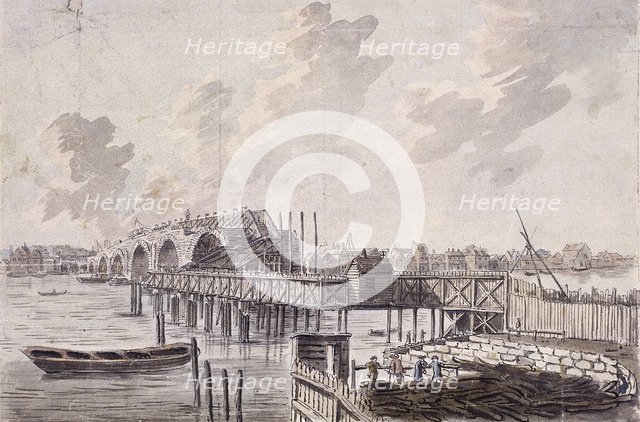 Construction of Blackfriars Bridge, London, c1762.  Artist: Francis Grose