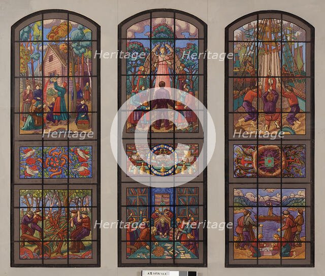 Sketch for S.O.K.'s stained glass, 1930. Creator: Juho Rissanen.