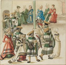 Three Dancing Couples Led by Two Knights in Room with Column, c. 1515. Creator: Unknown.